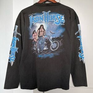 VTG 1994 IRON HORSE BIKE WEEK GRAPHIC LONG SLEEVE HENLEY BLACK TSHIRT MENS XL